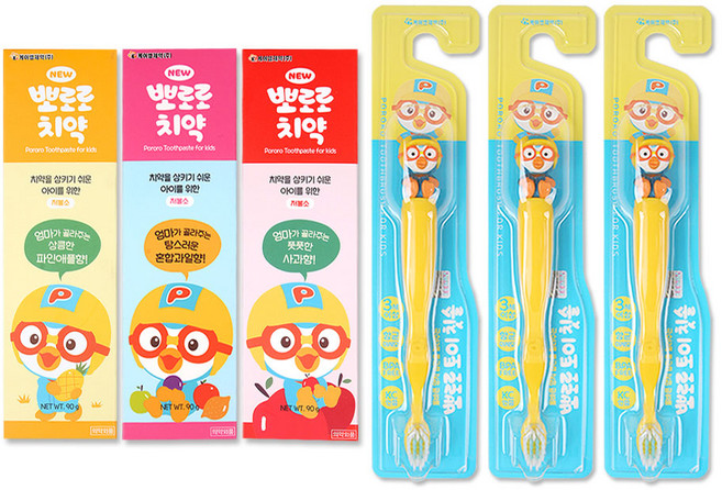 뽀로로 치약 3종(파인애플향/혼합과일향/사과향) + 뽀로로와 친구들 칫솔, 1세트, 6개입, 뽀로로 칫솔 3개