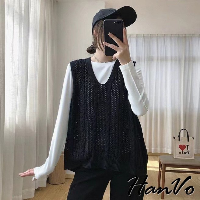 HanVo 直紋甜美麻花針織背心 秋冬質感寬鬆百搭韓系女裝
