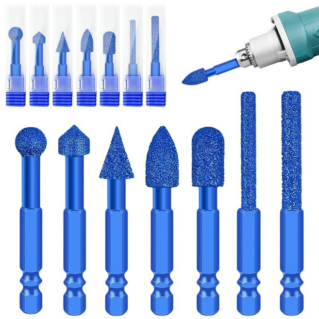 7 조각 다이아몬드 그라인더 버 비트 세트 석재 목재 세라믹 금속 유리 조각 조각 연마 드릴링 샌딩을위한 1/4''샤프트가있는 금속 밀링 핀 세트, 1개
