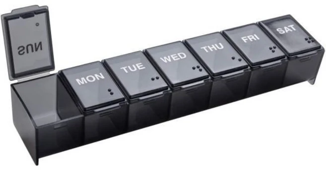 EZY DOSE 주간(7일) 알약 케이스 의약품 플래너 비타민 정리 상자 편리하고 사용하기 쉬움 초대형 구획 여행 친화적 검정색 BPA 없음, Black, X-Large 7.4"x1.5"x0.9", 1개 - 쿠팡