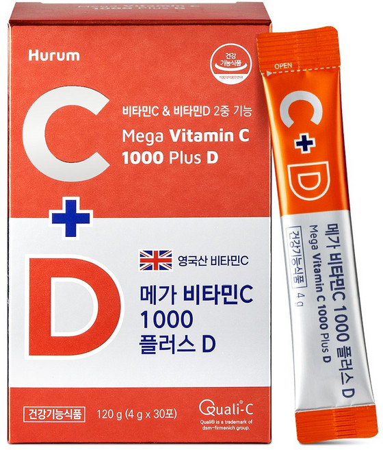 휴럼 메가 비타민 C 1000 플러스 D DSM 영국산 고함량 프리미엄 비타민 원료 QUALI-C 항산화 뼈건강, 1박스, 30회분