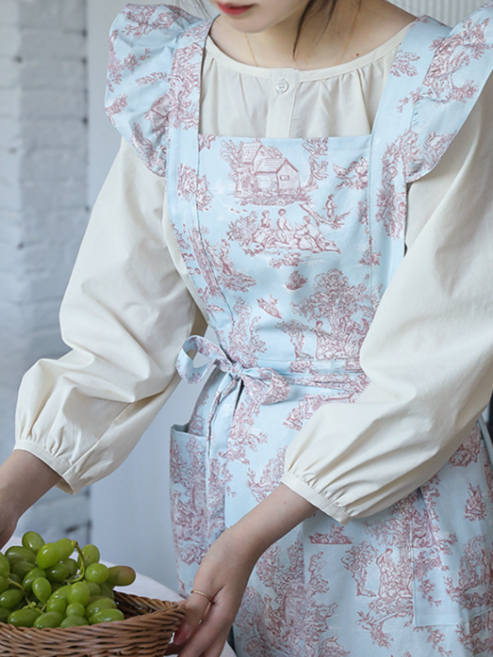 라라숑 프릴 방수 원피스 트왈드주이 린넨 앞치마 바리스타 카페 어린이집 집들이선물, 1개, 피치핑크