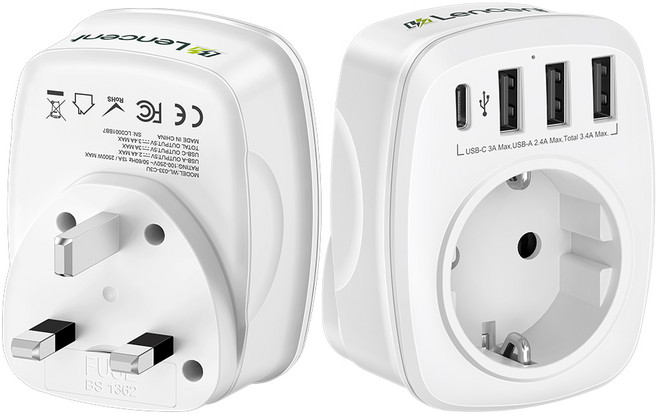 렌센트 고속충전 전세계 여행용 해외 영국 규격(Type G) 플러그 어댑터 4포트 (3 USB A + 1 USB C) 한국 영국 싱가포르 말레이시아 변환 화이트, 1개