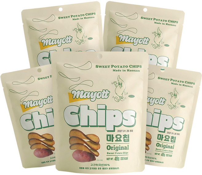 해남 고구마칩 수제 바사삭 무첨가 국산 고구마 과자 다이어트 간식, 5개, 45g