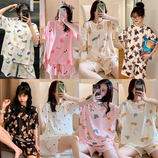 여름 반팔 잠옷 세트 여성 면 파자마 반바지 홈웨어