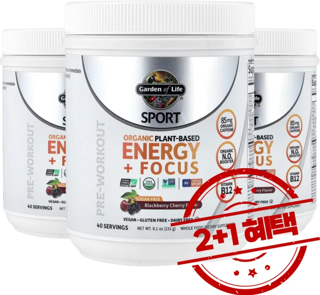 2+1 가든 오브 라이프 스포츠 식물성 에너지 운동전 보충제 블랙베리 체리 맛 231g 약들약 메디슨맨 / 해외직구 미국정품, 231, 3개 - 쿠팡