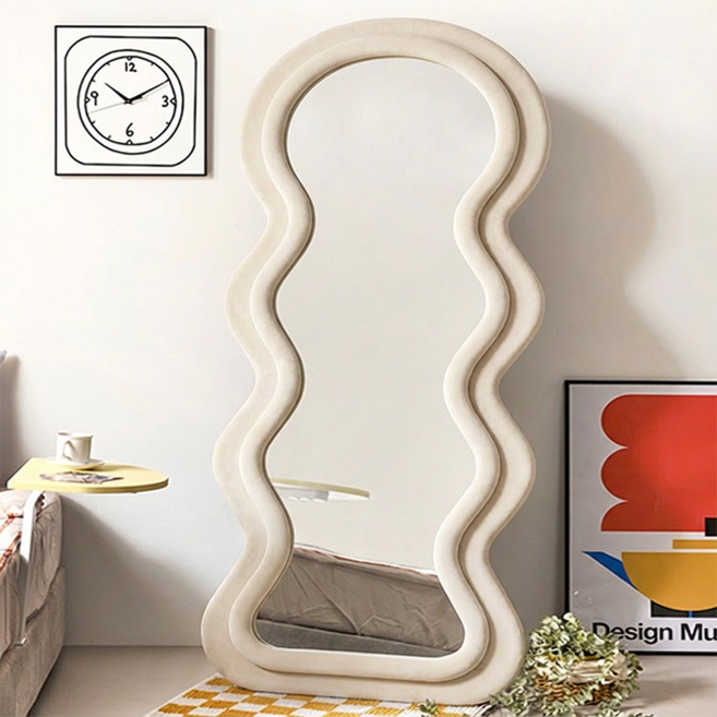 BIKASU 현관 물결 웨이브 스탠드 전신거울 비정형 대형 인테리어 거울 160*60cm, 아이보리
