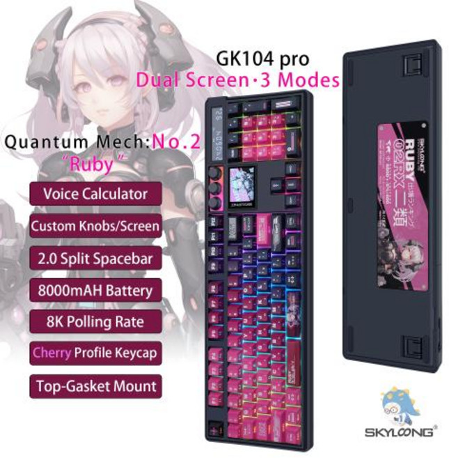 접이식 키보드 SKYLOONG GK104 Pro 풀사이즈 3모드 Bluetooth 무선 기계식 3.0 LED 화면 사용자 정의 가능한 손잡이 3개 RGB 백라이트 핫스왑 가능 PB, Rose Pink, No.2 Ruby-Cherry