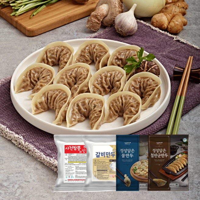 [풀잎마켓]사천짬뽕의신 1kg+갈비만두 1kg+물만두 1.35kg+철판군만두 1.4kg (총4봉)