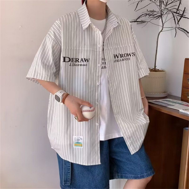 TKX 남성 스트라이프 오버핏 반팔 셔츠 캐주얼 레터링 여름 데일리 빅사이즈