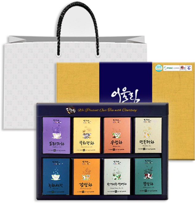 [본사직영] 다예 100% 국산 어울림 명작 8종 티백 전통차 선물세트+쇼핑백(도라지차+국화꽃차+우엉차+민들레차+녹차+감잎차+헛개나무열매차+뽕잎차), 15세트, 64개입