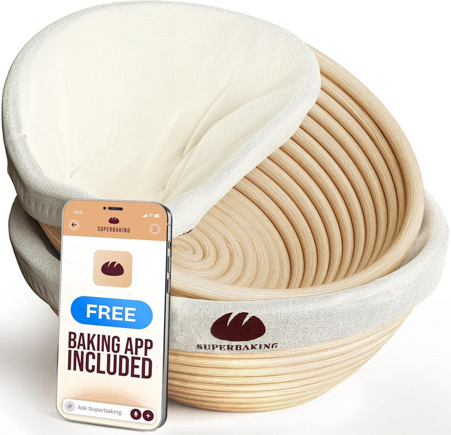 슈퍼베이킹 바네통 빵 증명 바구니 2개 라이너가 있는 9인치 스플린터 프리 원형 라탄 사워도우 스타터 키트 베이킹 용품 및 만들기 도구, 2 Set Of 2 Round