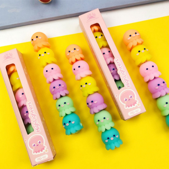 FOOI 예쁜 아기문어 형광펜 5색 형광펜 개별박스포장, 문어 줄줄이 5색