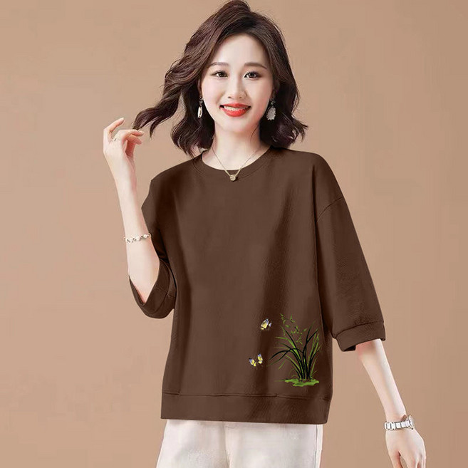 ORZQU 봄가을 여성 캐주얼 루즈핏 라운드넥 심플 7부소매 얇은 티셔츠