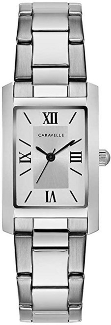 Caravelle New York Bulova 여성용 드레스 3핸드 쿼츠 시계 직사각형 케이스 로마 숫자 곡선형 미네랄 실버