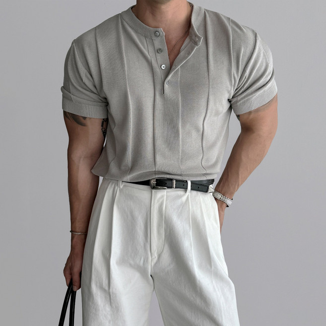 亨利領針織T恤 男士短袖修身商務休閒上衣