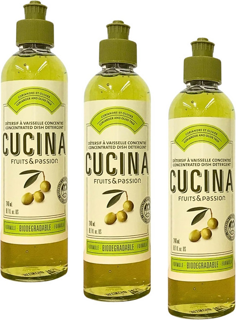 쿠치나 과일 & 패션 여행용 미니 식기 세제 리필 3팩 - 농축 기름기 제거 및 순한 액체 비누 고수 올리브 나무 각각 8.1온스