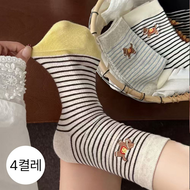 morim 여성 양말 귀여운 스트라이프 봄여름 양말 중목 양말 학생 패션 면질 양말 4족 세트