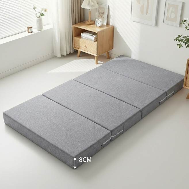 탄탄한 8CM 4단 접이식 매트리스 토퍼 바닥에 까는 두꺼운 바닥매트 1인용 침대 커버 포함