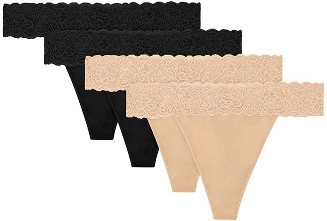 Maidenform 여성용 속옷 끈팬티 4팩 여성용 부드러운 끈 팬티 미드 라이즈 팬티 극세사 레이스 블랙/블랙/블랙 미디엄