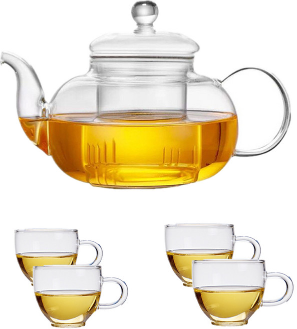 Siemzon 다기능 분해되는 차망이 있는 유리 티포트+찻잔 4개, 1세트, 투명, 600ml