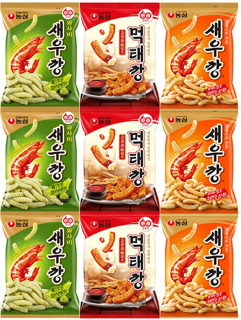 농심 새우깡 90g x 3개+ 와사비새우깡 70g x 3개 + 먹태깡 고추장마요맛 60g x 3개