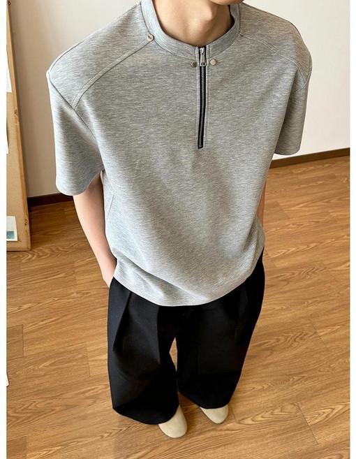 重磅太空棉短袖T恤 半拉鍊拼接設計 休閒百搭, 灰色,3XL