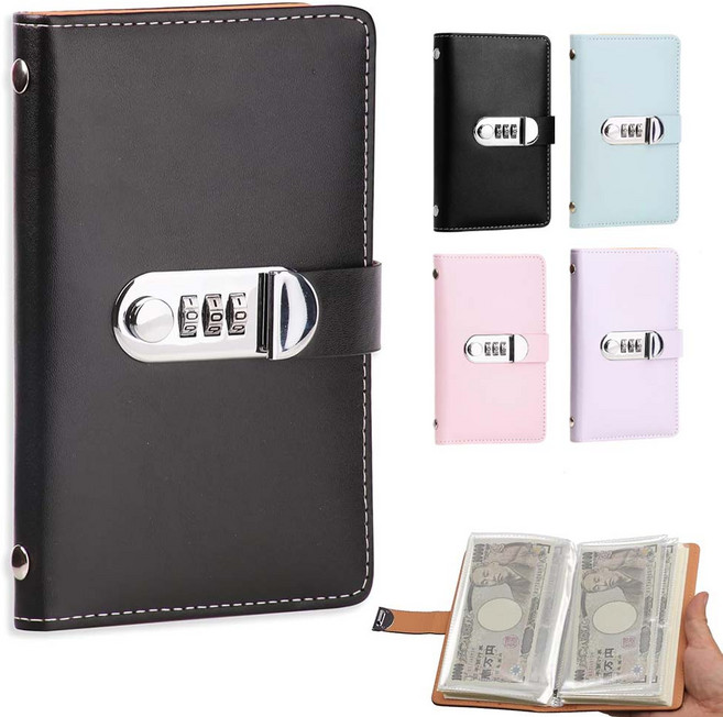 루베이 현금수납 다이어리 방수 가죽 재질 비밀번호 잠금 수납영 수증/사진/지폐, 블랙, 1개