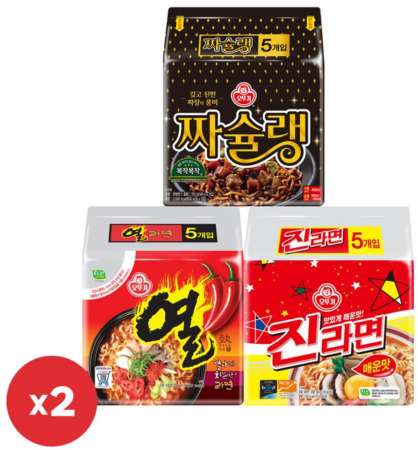 오뚜기 진라면 매운맛 (120gx5) 2개+짜슐랭 (145gx5) 2개+열라면 (120gx5) 2개, 6개