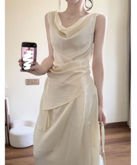 바르르 여름신상 수입 투피스 세트 드레이프 슬리브리스 상의 + 언밸런스 롱스커트 휴양지룩