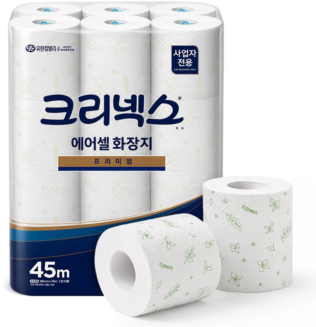 크리넥스 물에잘녹는 에어셀 화장지 프리미엄 45M, 에어셀 천연펄프 두루마리 화장지 프리미엄 45m 24롤, 24롤, 1개