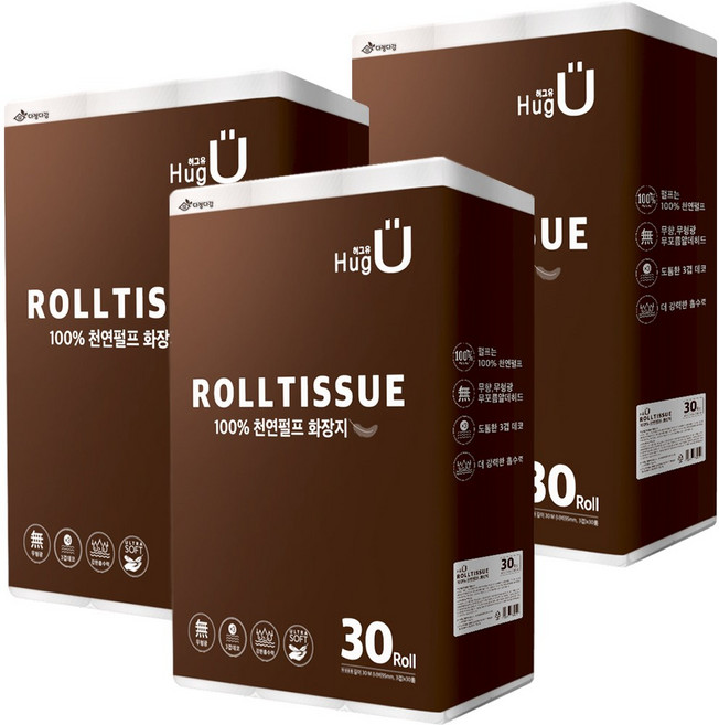 허그유 천연펄프 3겹 고급롤화장지, 30m, 30롤, 3개