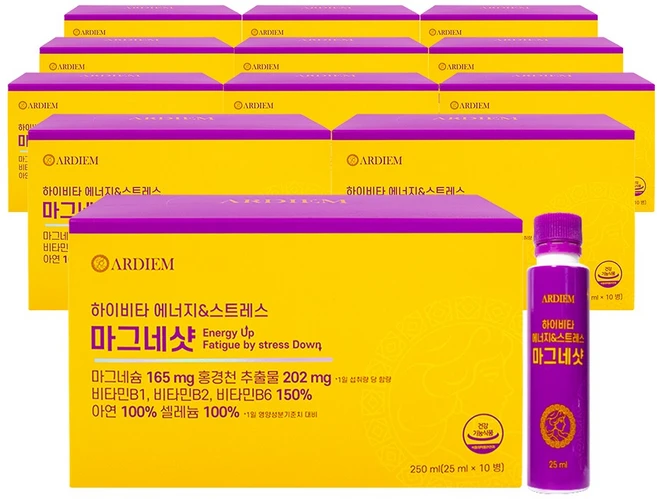 아르디엠 하이비타 에너지&스트레스 마그네샷 액상 글루콘산 마그네슘 10p, 12박스, 250ml - 쿠팡