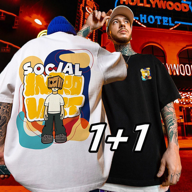 AURALA 2장세트 남자 오버핏 라운드 반팔티 남성 여름 빅사이즈 반팔 티셔츠