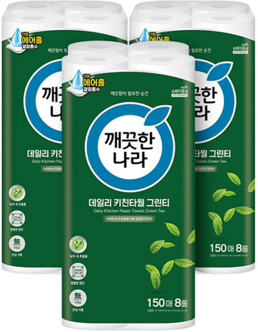 깨끗한나라 데일리 그린티 키친타월, 150매, 18개