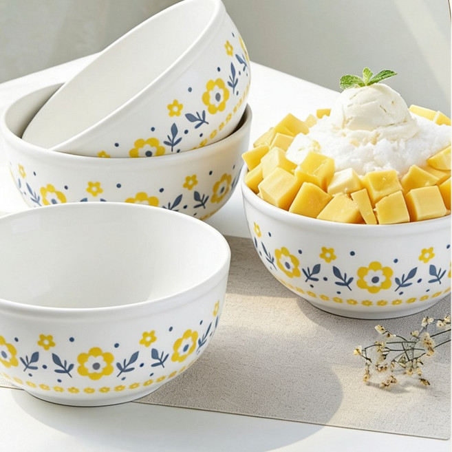 WHH 예쁜 대접 그릇 세트 도자기 국그릇 라면 그릇 냉면 그릇, 4개, 화이트