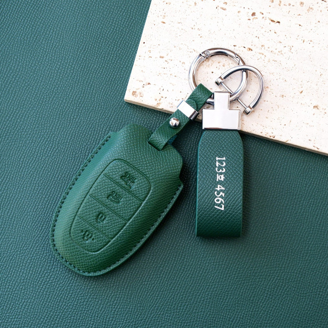 (무료각인)트니르 현대 호환 쏘나타DN8 더뉴그랜저 더뉴싼타페TM 더올뉴투싼NX4 넥쏘 스타리아 더뉴팰리세이드 차 키케이스 가죽 + 키링 차량용품 키홀더, 현대G타입(4버튼), 그린