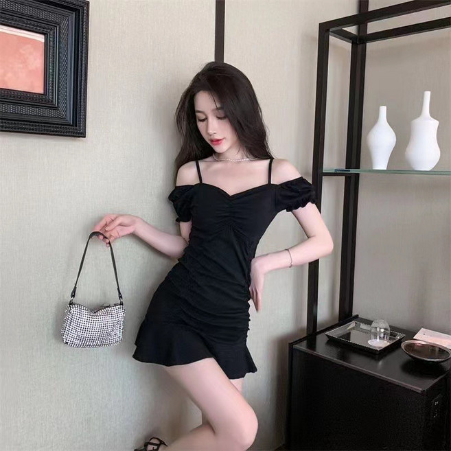夏季女裝 名媛氣質 荷葉邊吊帶魚尾裙, 黑色