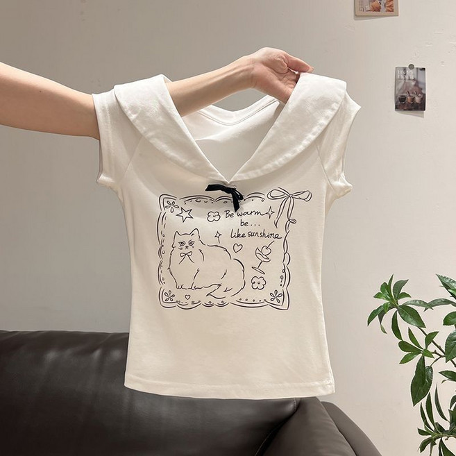 해피유통 여성 귀여운 고양이 프린트 V넥 반팔 티셔츠 상쾌한 캐주얼디자인14세 이상