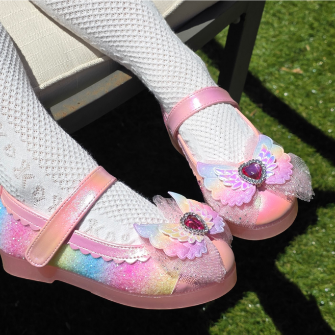 프롬베베 여아용 세실 무지개 날개 리본 LED 구두