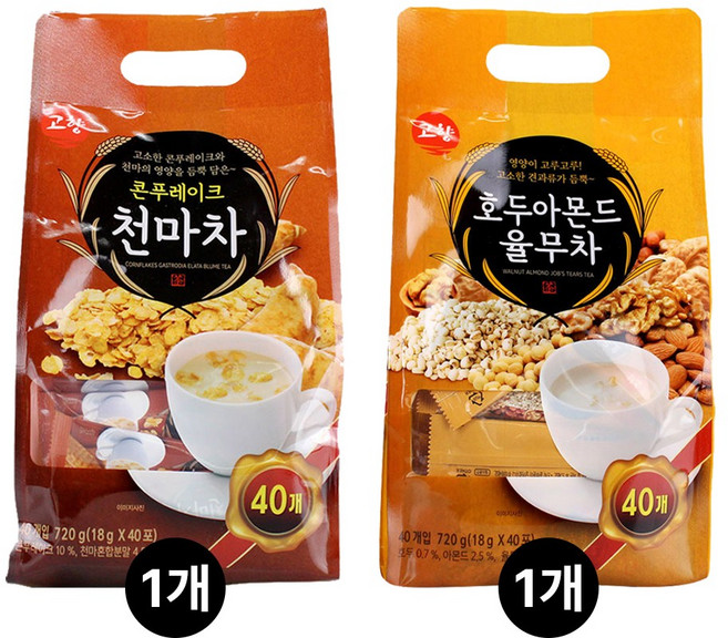 고향 호두아몬드 율무차 1개 + 콘푸레이크 천마차 1개 40T x 총 2개, 18g, 80개입, 1세트