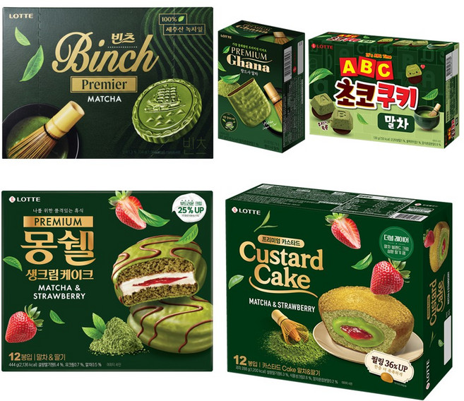 롯데웰푸드 말차 5종 세트 빈츠 말차 204g + 랑드샤 말차 91g + ABC 초코쿠키 말차 130g + 몽쉘 말차&딸기 444g + 카스타드 Cake 말차&딸기 288g, 1개