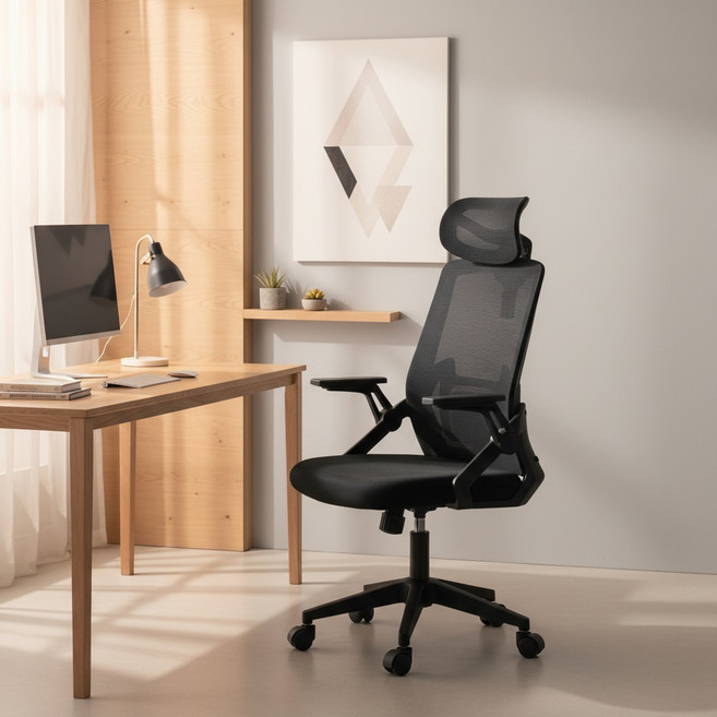 인체공학 메쉬 사무용의자 헤드레스트 요추지지 각도조절 90도 팔걸이 장시간 편안 재택근무 학습용 컴퓨터 책상의자, 블랙