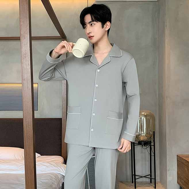 男士睡衣男長袖可外穿家居服套裝四季通用純棉新男生春夏季