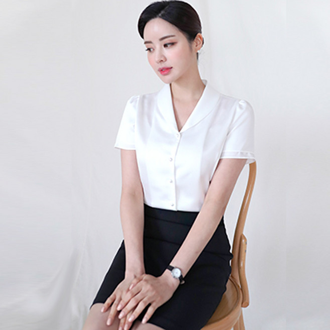 반팔 승무원 면접 블라우스 흰색 카라 브이넥 [엘르2]