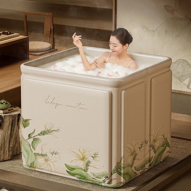 차이첸 성인용 사각형 접이식 반신욕조 무설치 이동가능 2인용 가정용 욕조통, 1개, 베이지
