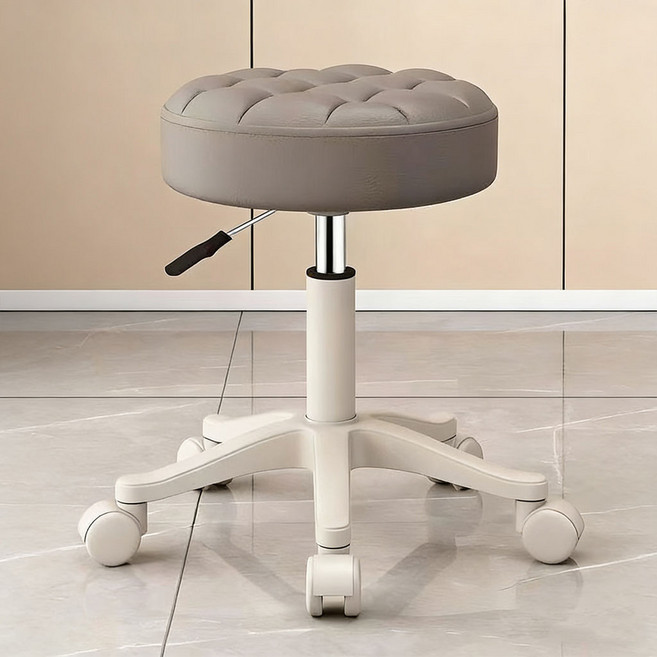 SeekFun 화장대 의자 말랑말랑한 쿠션 PU가죽 의자 다용도 미용실 높이조절 바퀴의자 인테리어 원형 스툴, 1개, 그레이/Gray