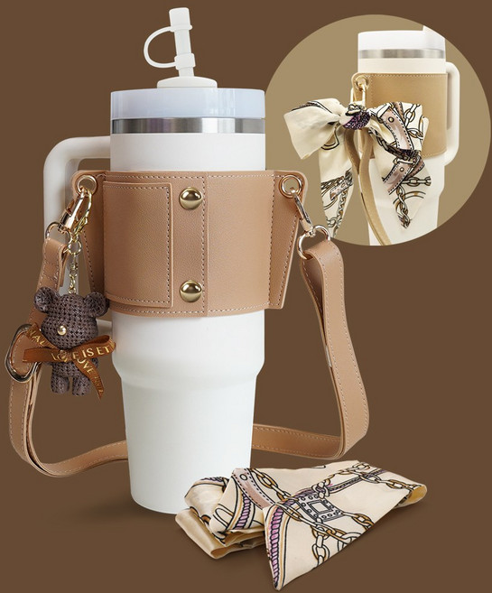 메리엘로 텀블러 가죽 스트랩 스탠리 오왈라 호환 가방 홀더, 브라운, 1개