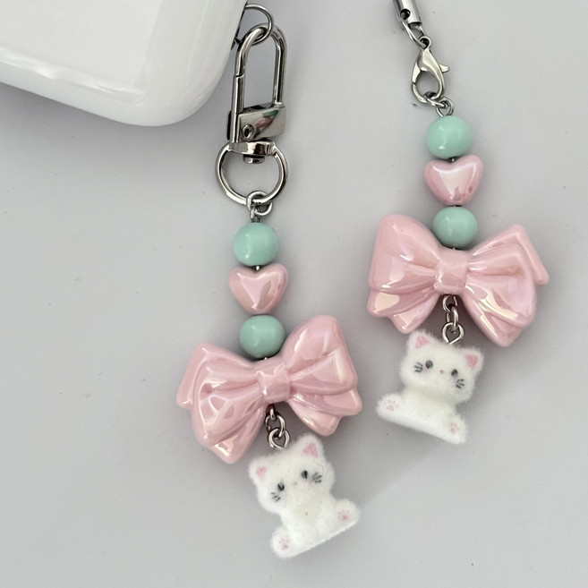 핑크 리본 고양이 키링 스트랩 백참