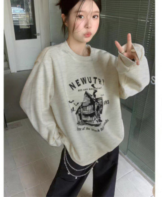 美式復古印花寬鬆圓領上衣